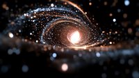 Cosmic spiral galaxy with glowing center and stardust particles creating mystical space tunnel effect for astronomy and science fiction concepts.