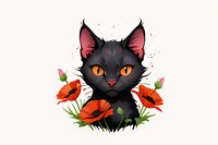 Cute black cat with orange eyes surrounded by red poppies on white background, perfect for stickers, t-shirts and merchandise design. Isolated illustration for creative projects.