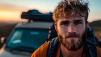 Young bearded man with backpack enjoying sunset during outdoor adventure. Warm golden light illuminates rugged features against blurred car rooftop carrier background.