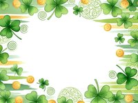 St. Patrick's Day frame with shamrocks, gold coins and Celtic spirals on white background for festive greeting cards and holiday designs.
