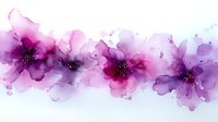 Delicate watercolor flowers in purple and pink hues create flowing composition with soft transparent petals and dark centers on white background.
