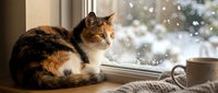 Tabby and white cat sitting on windowsill looking outside at snowy winter weather, cozy home interior scene for seasonal and pet-related designs.