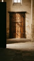 Ornate wooden door with carved relief panels in abandoned interior space with weathered walls and natural light from window above.