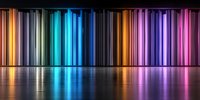 Vibrant multicolored neon light tubes arranged in vertical lines casting colorful reflections on glossy floor surface, creating modern abstract background for nightclub or stage design.