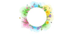 Watercolor floral frame with colorful spring flowers and leaves surrounding white circle space for text on transparent background ready for design.