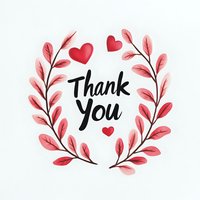 Handwritten thank you message surrounded by pink watercolor leaves and red hearts in wreath arrangement on white background, ready for greeting cards and stationery.