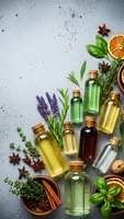 Essential oils in glass bottles with fresh herbs, spices and dried orange slices on textured concrete background for aromatherapy and natural wellness.