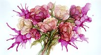 Watercolor bouquet of pink and purple peonies with artistic paint splashes on white background for wedding invitations and romantic designs.