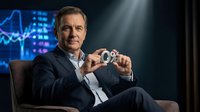 Middle-aged Caucasian male professional businessman in dark suit holding digital camera, seated against blue technology graph background, representing photography, media production, tech innovation, and creative business concepts.