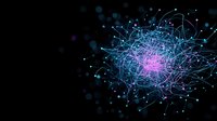 Glowing network visualization with interconnected nodes and lines in blue and pink colors against dark background shows data connections and complexity.