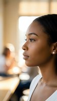 Young African American woman in profile with natural makeup and elegant earrings in warm indoor lighting for lifestyle and beauty content.