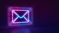 Glowing neon email envelope icon with bright pink and blue lights on dark purple background for digital communication and marketing concepts.