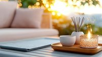 Cozy home atmosphere with aromatic diffuser, scented candle on wooden tray and soft sofa against blurred warm sunset bokeh background, wellness lifestyle.