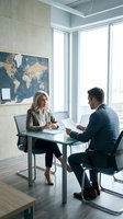 Professional business meeting between blonde Caucasian businesswoman and dark-haired businessman in modern office with world map and city view windows.