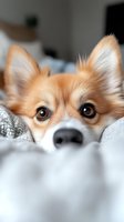 Adorable Pomeranian dog peeking over white blanket with expressive brown eyes and pointed ears, close-up portrait showing innocent curious expression.