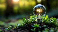 Glowing light bulb emerging from green plants and soil in garden setting, symbolizing sustainable energy, growth, and environmental innovation concepts.