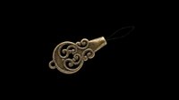 Antique brass ornamental key charm with intricate filigree scrollwork, isolated on transparent background. Ready for stickers, t-shirt design, print on demand, and clipart use.