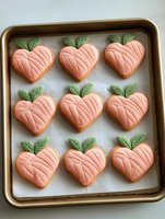 Heart-shaped peach cookies with leaf decorations arranged on baking tray for Valentine's Day dessert preparation and romantic celebration treats.