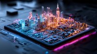 Futuristic cityscape on microchip with glowing neon buildings and circuit patterns, combining urban architecture and technology in vibrant orange and blue lights.