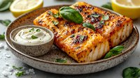 Grilled cod fish fillet with spices and herbs served on ceramic plate with creamy sauce, fresh basil leaves and lemon slices on gray concrete background.