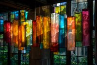 Vibrant stained glass panels in rainbow colors create dramatic light effect, hanging vertically with sunlight streaming through translucent surfaces casting colorful shadows.