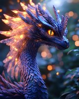 Mystical dragon with glowing amber eye and luminous scales in purple and orange hues against dark background with bokeh lights, fantasy creature artwork.