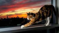 Tabby and white cat stretching on windowsill with dramatic sunset cityscape skyline in background, urban pet lifestyle scene.