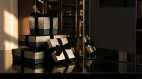 Luxury gift boxes with golden ribbons stacked on reflective surface in elegant interior with warm lighting creating sophisticated holiday atmosphere.