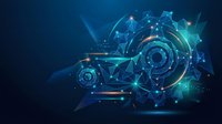 Digital technology gears with glowing network connections and data visualization elements on dark blue background for tech presentations.