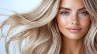 Young woman with flowing platinum blonde hair and natural makeup smiling at camera against light background, showcasing modern beauty and haircare trends.