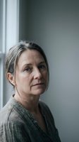 Thoughtful mature Caucasian woman with gray hair in cozy sweater looking out window in contemplative mood for lifestyle and wellness content.