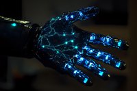 Futuristic robotic hand with glowing blue energy patterns and electrical circuits against dark background, showcasing advanced technology and innovation.