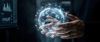 Businessman hands protecting glowing digital brain with neural network connections representing artificial intelligence and machine learning technology.