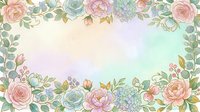 Soft watercolor floral frame with pastel roses, peonies, and eucalyptus leaves on a dreamy gradient background for cards and invitations.