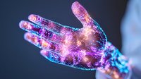 Glowing hand with magical sparkles and light trails in pink and blue neon colors against dark background creates mystical ethereal effect for creative design projects.