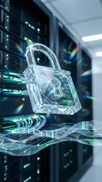 Transparent digital padlock floating in modern server room with glowing network connections representing cybersecurity and data protection technology.