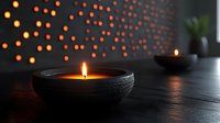 Glowing candle in dark stone bowl on black table with blurred orange lights creating atmospheric backdrop for relaxation and meditation.