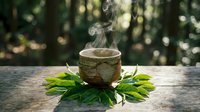 Steaming herbal tea cup on wooden table surrounded by fresh green leaves in natural forest setting for wellness and relaxation moments.