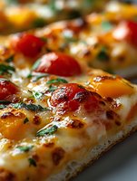 Fresh homemade pizza with melted mozzarella, cherry tomatoes and herbs in macro shot showing texture and bubbling cheese, garnished with fresh basil leaves.