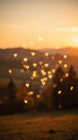 Heart-shaped bokeh lights floating over blurred landscape at golden hour sunset creating romantic dreamy atmosphere for love and Valentine concepts.