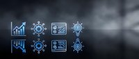 Business analytics and data visualization icons set with growth charts, gears, lightbulb and dashboard elements on dark blurred background for presentations.