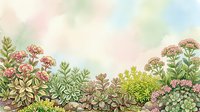 Botanical garden border with succulent plants, flowering sedum, and ornamental foliage in soft watercolor style. Perfect for garden design, botanical illustrations, and nature-themed projects.