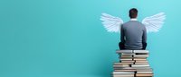 Young man in grey sweater with white wings sitting on stack of books against turquoise wall, back view. Conceptual education and knowledge growth metaphor.