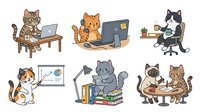 Cats working in office environment using computers, sitting at desks with laptops, presenting data on whiteboards, and collaborating together. Isolated cartoon characters on transparent background ready for design projects, t-shirts, stickers, and clipart applications.