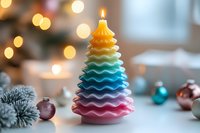 Rainbow colored layered Christmas tree candle with warm bokeh lights and festive ornaments creating cozy holiday atmosphere for seasonal celebrations.