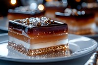 Layered chocolate dessert with caramel, ganache, and gold leaf garnish on white plate with warm bokeh lighting backdrop.