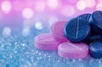 Pink and blue medical pills on sparkly surface with bokeh background, macro pharmaceutical photography for healthcare and medicine concepts.