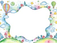 Watercolor fantasy landscape frame with hot air balloons, houses, trees, stars and clouds on white background for children design projects.