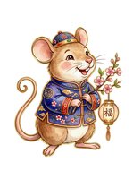 Cute mouse character wearing traditional blue silk robe with floral patterns, holding flowering branch and decorative lantern, isolated on white background for design projects.