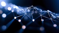 Abstract network visualization with glowing nodes and connecting lines against dark background, featuring blue tones and bokeh light effects. Digital connectivity concept.